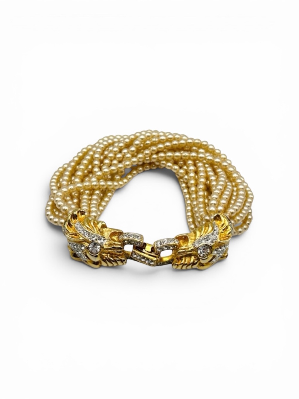RARE 70s Vintage Kenneth Lane Panther Head Multi Strand Pearl Statement Bracelet